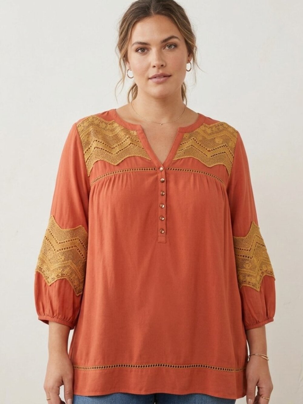 Orange Boho Crochet Rayon Blouse Women's Medium Peasant Top